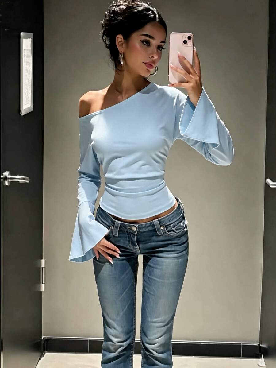 SHEIN Clasi Fashion Women's Knit Flare Sleeve Asymmetric Shoulder Top - Blue - View 1