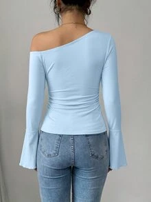SHEIN Clasi Fashion Women's Knit Flare Sleeve Asymmetric Shoulder Top - Blue - View 2