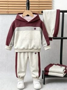 2件組小男孩長袖連帽衛衣與運動長褲套裝，時尚簡約配色拼接條紋字母印花秋季套裝，適合5-15°C，假日派對休閒穿著，男嬰春夏秋冬首穿 - 彩色 - 查看 3