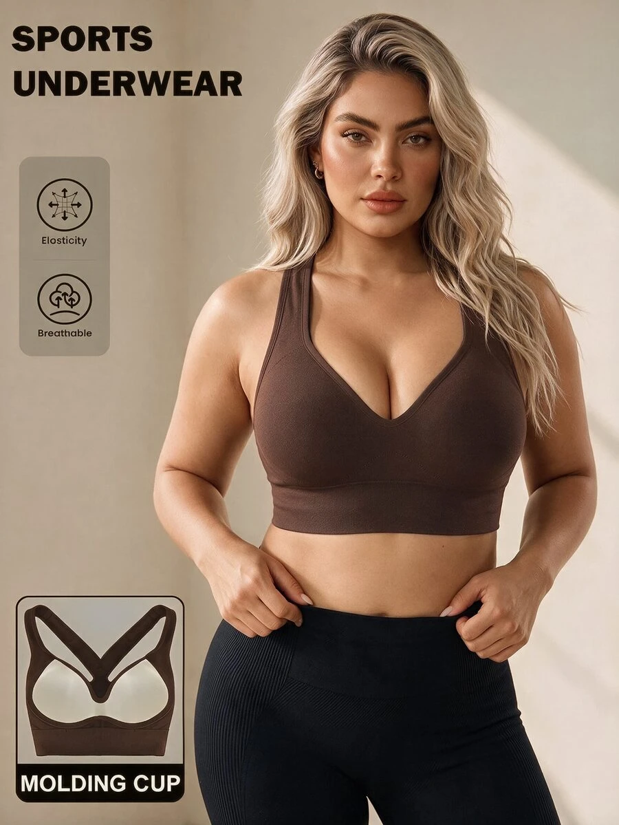 SHEIN Unity Seamless Solid Color Wide Strap Pullover Sports Bra, Plus Size Women - Brown - View 1