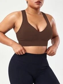 SHEIN Unity Seamless Solid Color Wide Strap Pullover Sports Bra, Plus Size Women - Brown - View 6