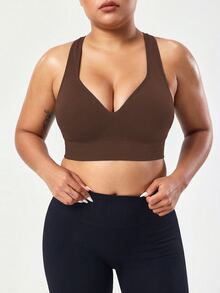 SHEIN Unity Seamless Solid Color Wide Strap Pullover Sports Bra, Plus Size Women - Brown - View 5
