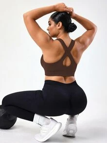 SHEIN Unity Seamless Solid Color Wide Strap Pullover Sports Bra, Plus Size Women - Brown - View 7