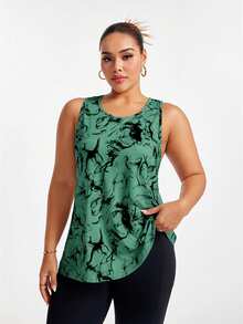 Easithlete Sports Sleeveless Round Neck Ink Wash Print Asymmetrical Hem Tank Top - Green - View 8