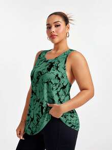 Easithlete Sports Sleeveless Round Neck Ink Wash Print Asymmetrical Hem Tank Top - Green - View 7