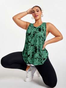 Easithlete Sports Sleeveless Round Neck Ink Wash Print Asymmetrical Hem Tank Top - Green - View 3