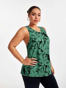 Easithlete Sports Sleeveless Round Neck Ink Wash Print Asymmetrical Hem Tank Top - Green - View 5