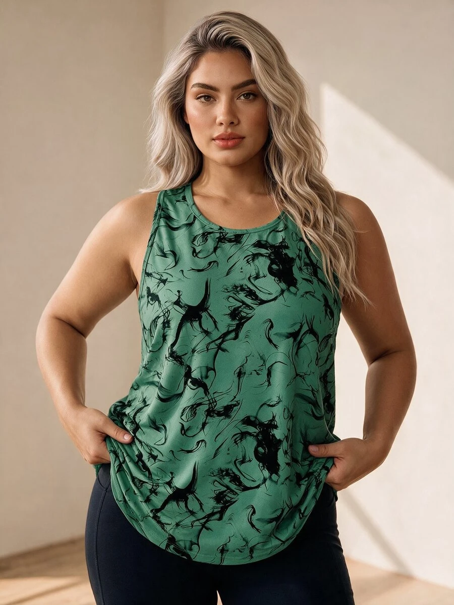Easithlete Sports Sleeveless Round Neck Ink Wash Print Asymmetrical Hem Tank Top - Green - View 1