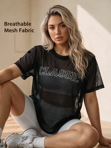 SHEIN Rhythm Era Plus Size Letter Print Hollow Fishnet Sports T-Shirt - Multicolor - View 1