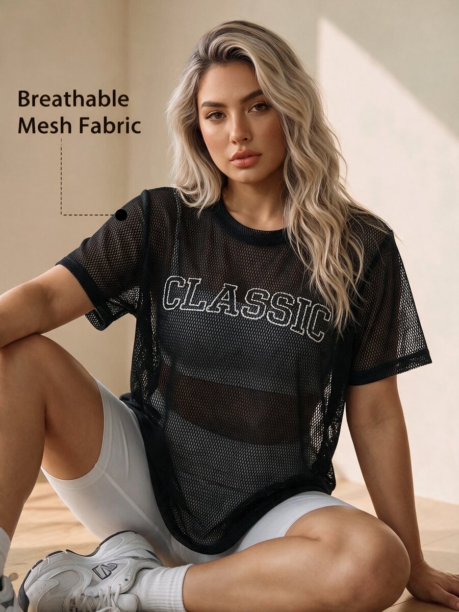SHEIN Rhythm Era Plus Size Letter Print Hollow Fishnet Sports T-Shirt - Multicolor - View 1