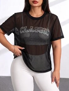 SHEIN Rhythm Era Plus Size Letter Print Hollow Fishnet Sports T-Shirt - Multicolor - View 5