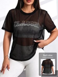 SHEIN Rhythm Era Plus Size Letter Print Hollow Fishnet Sports T-Shirt - Multicolor - View 4
