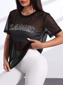 SHEIN Rhythm Era Plus Size Letter Print Hollow Fishnet Sports T-Shirt - Multicolor - View 7