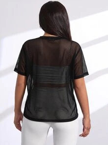SHEIN Rhythm Era Plus Size Letter Print Hollow Fishnet Sports T-Shirt - Multicolor - View 2