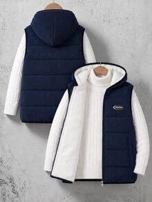 Casuvi Kids 男童休閒酷感街頭風連帽字母拼接絎縫加厚背心，適合秋季畢業外出穿著 - 藍色 - 查看 3