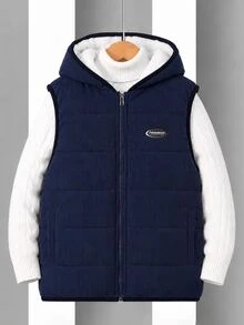 Casuvi Kids 男童休閒酷感街頭風連帽字母拼接絎縫加厚背心，適合秋季畢業外出穿著 - 藍色 - 查看 7
