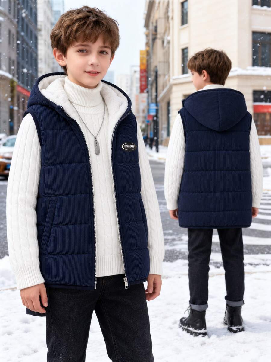 Casuvi Kids 男童休閒酷感街頭風連帽字母拼接絎縫加厚背心,適合秋季畢業外出穿著 - 藍色 - 查看 1