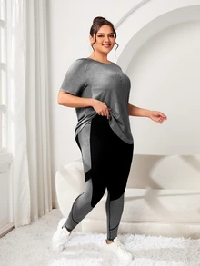 Rhythm Era Conjunto deportivo de mujer talla grande con camiseta de cuello redondo y mangas raglán, y leggings de bloques de color - Multicolor - Ver 5