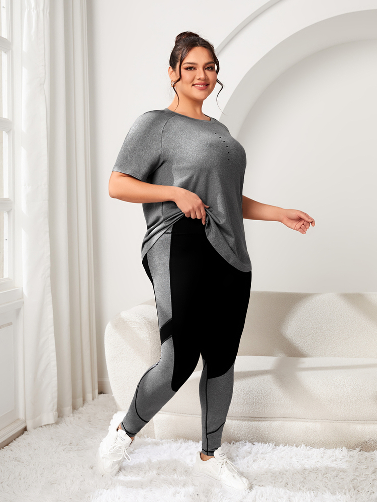 Rhythm Era Plus Size Women's Round Neck Raglan Sleeve T-Shirt & Color Block Leggings Sports Set Workout Women Sets - Multicolor - View 4