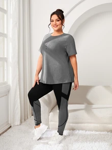 Rhythm Era Conjunto deportivo de mujer talla grande con camiseta de cuello redondo y mangas raglán, y leggings de bloques de color - Multicolor - Ver 7