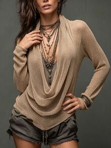 SHEIN Sweater Wanita Kasual Warna Polos dengan Kerah Model Cowl - Khaki - View 6