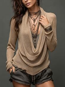 SHEIN Sweater Wanita Kasual Warna Polos dengan Kerah Model Cowl - Khaki - View 4