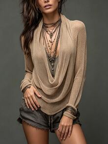 SHEIN Sweater Wanita Kasual Warna Polos dengan Kerah Model Cowl - Khaki - View 3