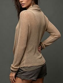 SHEIN Sweater Wanita Kasual Warna Polos dengan Kerah Model Cowl - Khaki - View 2