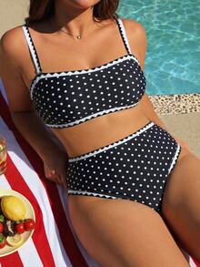 Swim Mod Set Baju Renang Bikini Ruffle Motif Polkadot Seksi Manis Ukuran Plus untuk Wanita Musim Panas/Gugur, Cocok untuk Pesta Pantai, Liburan, dan Pakaian Kasual, Warna Hitam - Hitam dan Putih - View 5