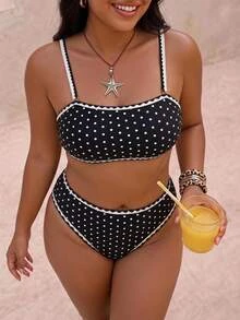 Swim Mod Set Baju Renang Bikini Ruffle Motif Polkadot Seksi Manis Ukuran Plus untuk Wanita Musim Panas/Gugur, Cocok untuk Pesta Pantai, Liburan, dan Pakaian Kasual, Warna Hitam - Hitam dan Putih - View 1