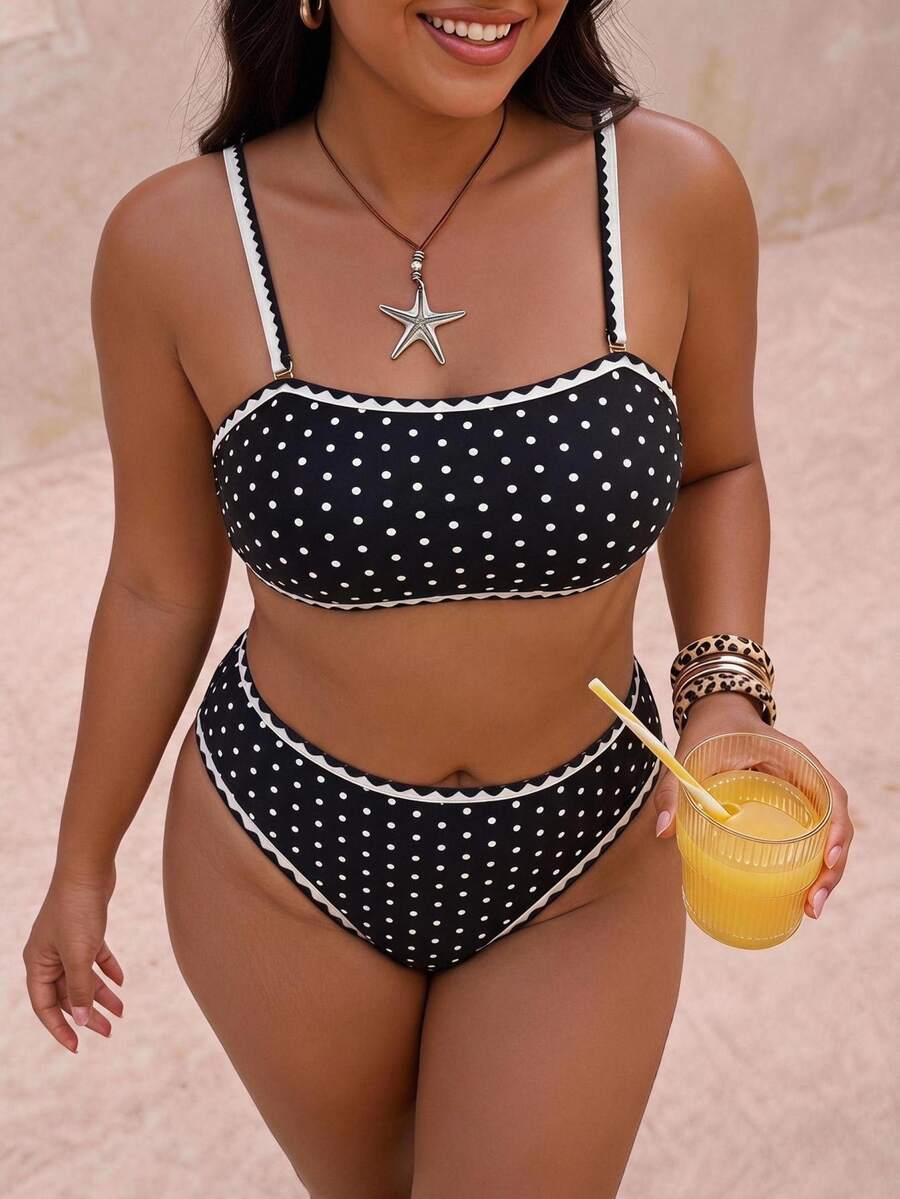 Swim Mod Set Baju Renang Bikini Ruffle Motif Polkadot Seksi Manis Ukuran Plus untuk Wanita Musim Panas/Gugur, Cocok untuk Pesta Pantai, Liburan, dan Pakaian Kasual, Warna Hitam - Hitam dan Putih - View 1
