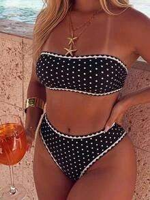 Swim Mod Set Baju Renang Bikini Ruffle Motif Polkadot Seksi Manis Ukuran Plus untuk Wanita Musim Panas/Gugur, Cocok untuk Pesta Pantai, Liburan, dan Pakaian Kasual, Warna Hitam - Hitam dan Putih - View 10