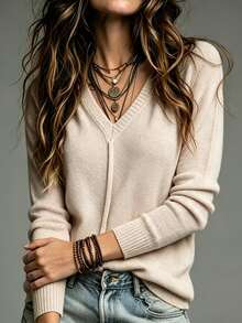 SHEIN Women's Casual Versatile Sweater, Autumn/Winter - Apricot - View 3