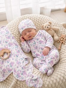 1pc Newborn Comfortable Soft Cozy Mori Style Purple Round Neck Purple Curved Colorblock Stitching Long Sleeve Footed Romper - Mauve Purple - View 4