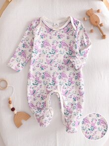 1pc Newborn Comfortable Soft Cozy Mori Style Purple Round Neck Purple Curved Colorblock Stitching Long Sleeve Footed Romper - Mauve Purple - View 2