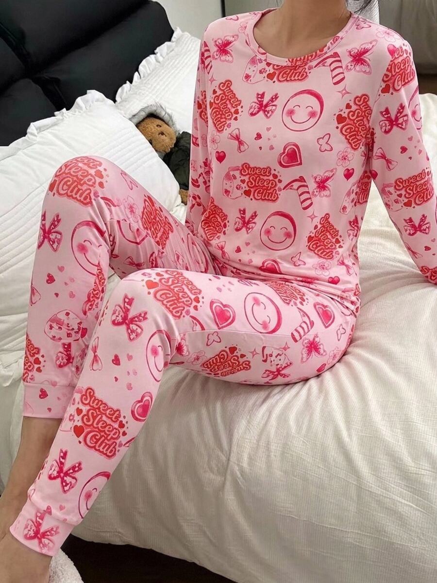 2件組 青少年女孩修身款柔軟圓領長袖上衣與長褲套裝 粉洋紅可愛卡通印花輕便秋冬睡衣 - 粉色 - 查看 1