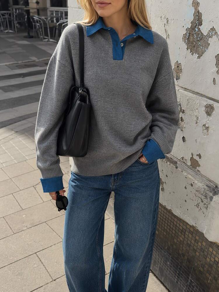 SHEIN Vintage Casual French Style Denim Collar Knit Sweater With Button Placket Brunch Grey Blue Autumn - Grey - View 1