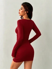 INAWLY Women's Elegant Sexy Ruffle Collar Long Sleeve Mini Dress, Autumn/Winter - Red - View 2