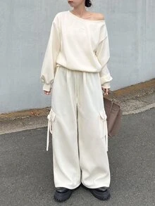 FRIFUL Women's Autumn Solid Color Asymmetrical Shoulder Top And Straight Leg Pants 2 Pieces Set - Apricot - View 4