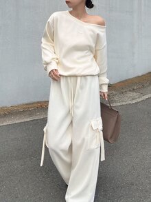 FRIFUL Women's Autumn Solid Color Asymmetrical Shoulder Top And Straight Leg Pants 2 Pieces Set - Apricot - View 2