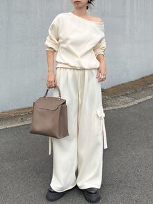 FRIFUL Women's Autumn Solid Color Asymmetrical Shoulder Top And Straight Leg Pants 2 Pieces Set - Apricot - View 5