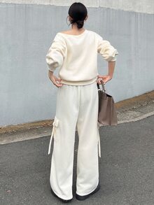 FRIFUL Women's Autumn Solid Color Asymmetrical Shoulder Top And Straight Leg Pants 2 Pieces Set - Apricot - View 10