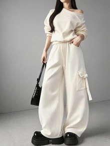 FRIFUL Women's Autumn Solid Color Asymmetrical Shoulder Top And Straight Leg Pants 2 Pieces Set - Apricot - View 1