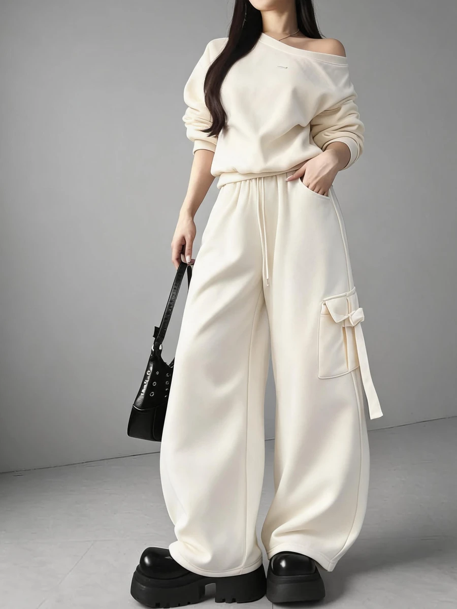 FRIFUL Women's Autumn Solid Color Asymmetrical Shoulder Top And Straight Leg Pants 2 Pieces Set - Apricot - View 1