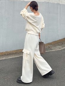 FRIFUL Women's Autumn Solid Color Asymmetrical Shoulder Top And Straight Leg Pants 2 Pieces Set - Apricot - View 3