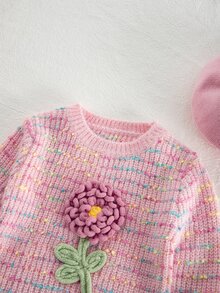 SHEIN كنزة صوفية كاجوال بياقة دائرية محبوكة مزينة بزهور ثلاثية الأبعاد للفتيات الصغيرات - متعدد الألوان - مشاهدة 7