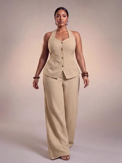Veslaya Plus Size Women's 2 Pieces Outfit,Khaki Summer Smart Casual Elegant Formal Vacation Sets,Sleeveless Mandarin Collar Top Metal Buckle Wide Leg Pants