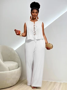 Zivah 大尺碼女款夏季白色絲滑熱帶度假套裝，休閒優雅無袖荷葉邊繫帶上衣配直筒口袋長褲，外出穿搭套裝 - 白色 - 查看 9