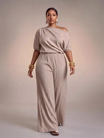 Veslaya Plus Size Women Elegant Dusty Pink Autumn Birthday Homecoming Dress,One Shoulder Pleated Woven Textured Extra Long Wide Leg Pants Party & Date Outfit