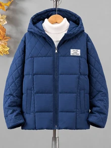 SHEIN Tween Boys' Outdoor Sports Warm Minimalist Zipper Solid Color Stain-Resistant Navy Blue Padded Coat - Navy Blue - View 5